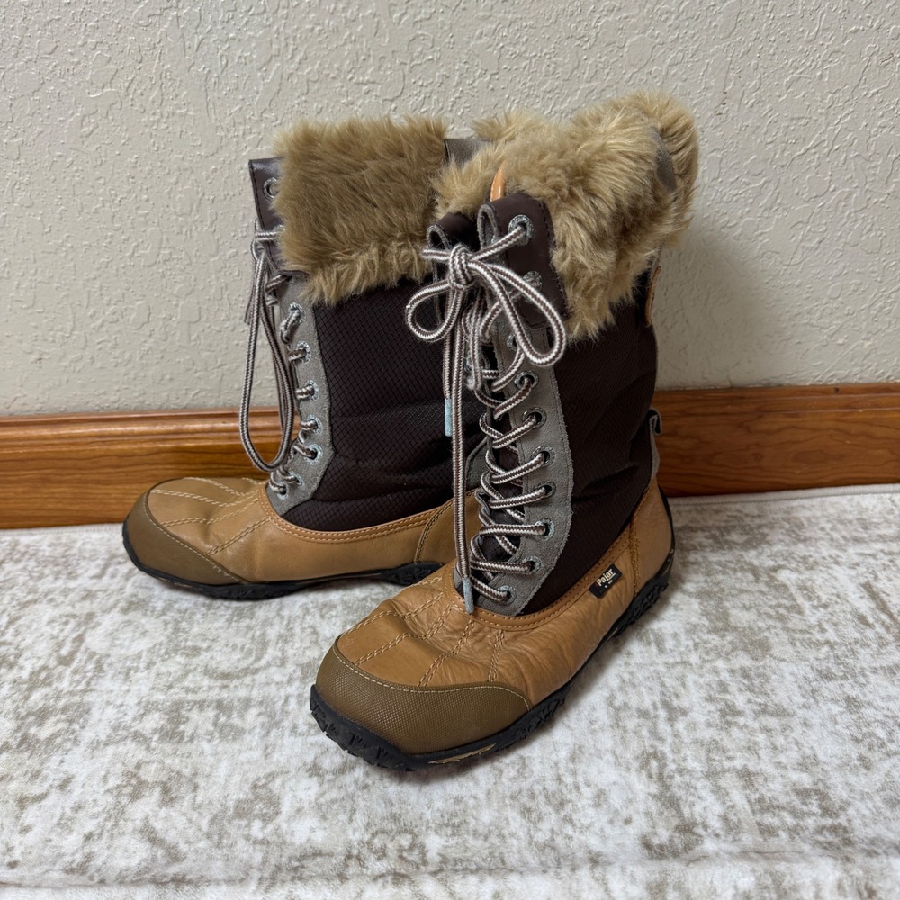 Pajar Canada Womens Genevieve‎ Winter Boots Sz 7-7.5 Fur Trim Lace Up Tan Brown